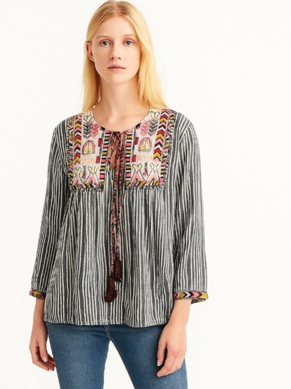 miami / Black and White Striped Embroidered Peasant open front Blouse